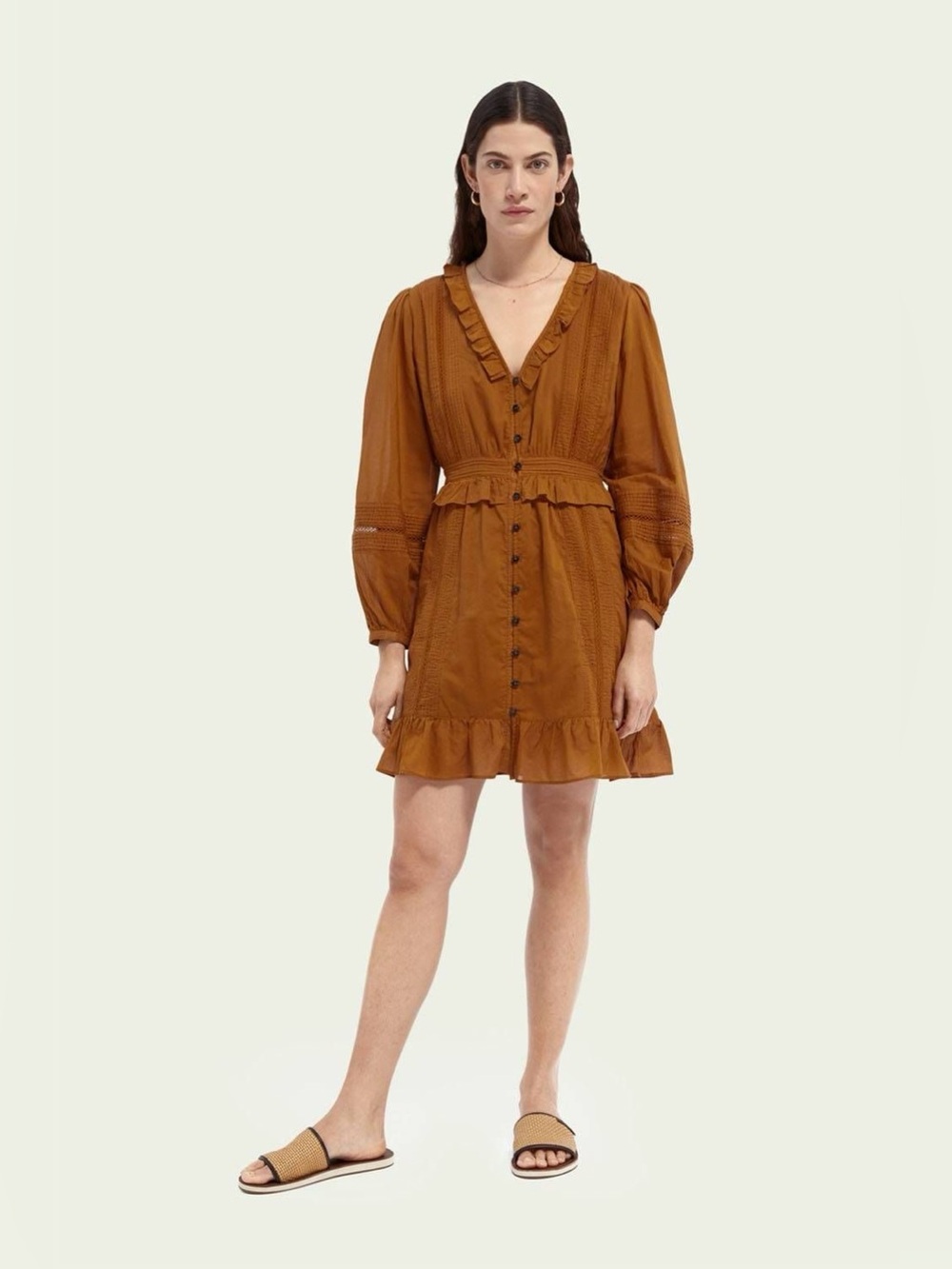 Scotch & Soda Ruffle Organic Cotton Long Sleeve Dress Spice Brown Large NWT